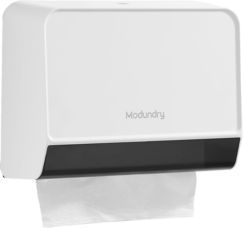 Modundry Paper Towel Dispensers Wall Mount,Multifold Tri-Fold Paper Towel Holder with Key Lock, No Drilling/Screws Install, Home Hand Towel Dispenser for Bathroom, Restroom, Office, White - Image 1